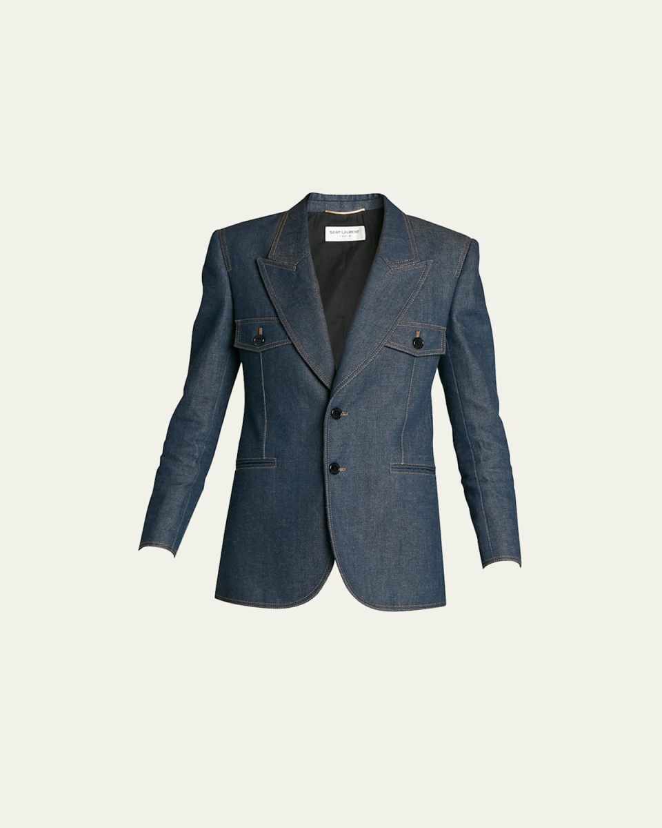 Denim Peak-Lapel Blazer Jacket